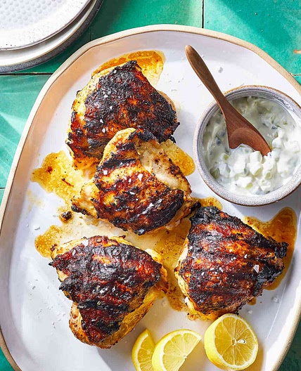 Tandoori-Spiced Grilled Chicken Thighs with Cucumber-Yogurt Sauce