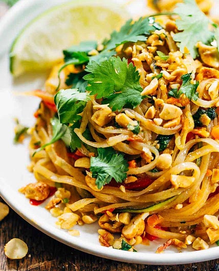 Rainbow Vegetarian Pad Thai with Peanuts and Basil