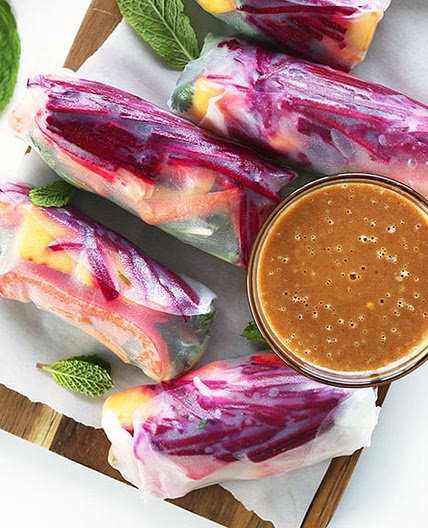 Rainbow Spring Rolls with Ginger Peanut Sauce