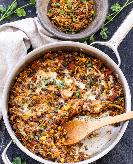 One Pot Cheesy Mexican Lentils, Black Beans and Rice