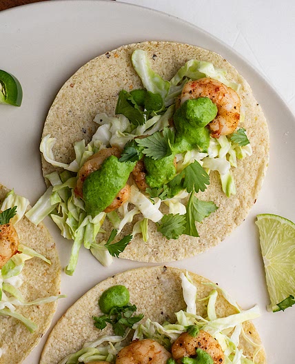 Hot Honey Shrimp Tacos with Cilantro Yogurt sauce