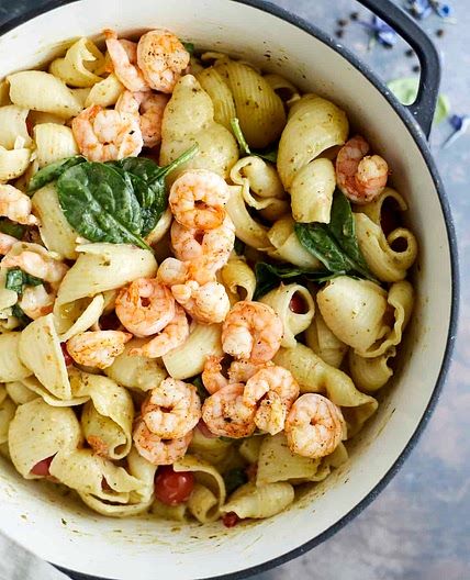 One Pot Pesto Pasta (with oven baked shrimp)