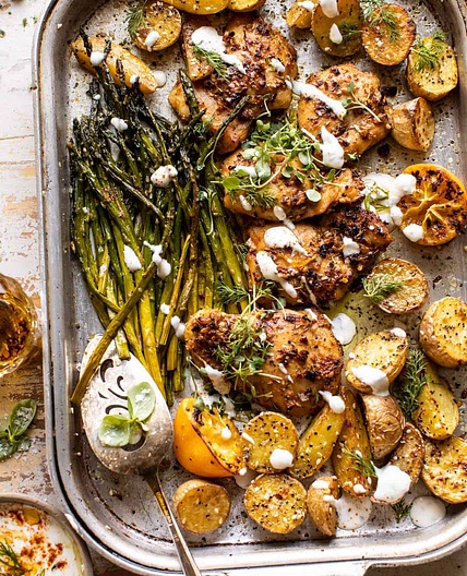Sheet Pan Lemon Rosemary Dijon Chicken with Feta Goddess Sauce