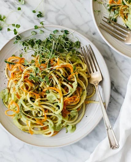 Carrot and Zucchini Pasta with Avocado Cucumber Sauce