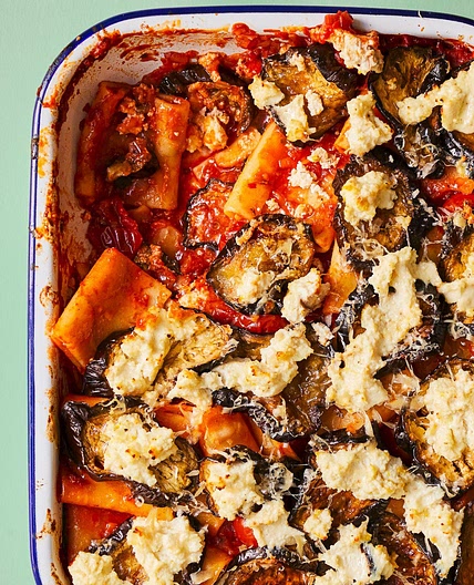 Aubergine, ricotta and ’nduja paccheri