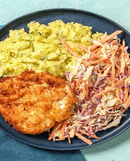 Chicken Schnitzel Plates with Dill-Garlic Smashed Potatoes and Apple Slaw