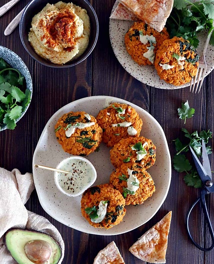 Red Lentil Patties with a Garlic-Herb Tahini Sauce (vegan, gluten-free)