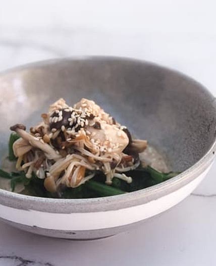 Marinated Japanese Mushroom Salad with Sesame Spinach