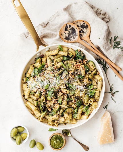 Rigatoni with Brussels Sprouts & Kale Pesto