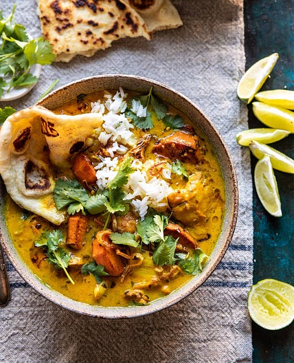 30 Minute Chicken Braised in Coconut Milk with Sweet Potatoes and Rice