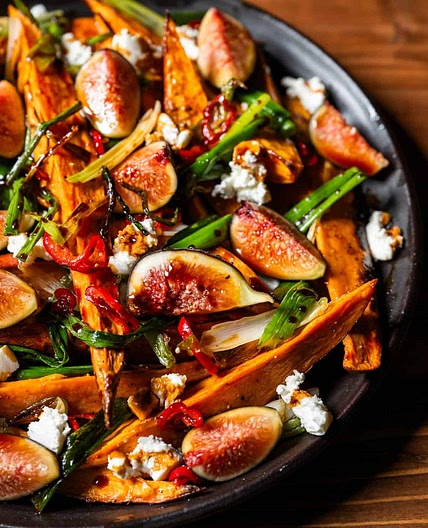 Roasted Sweet Potatoes with Scallions and Figs