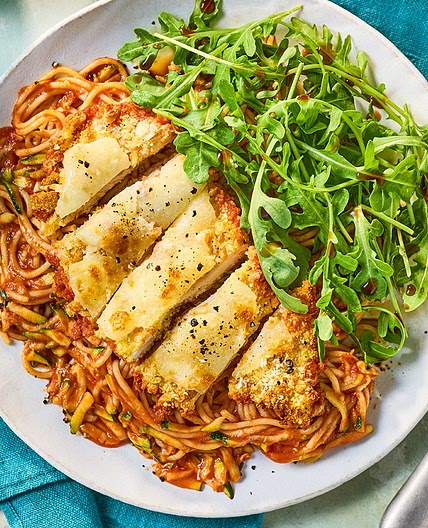 Air-fryer chicken parmigiana with spaghetti