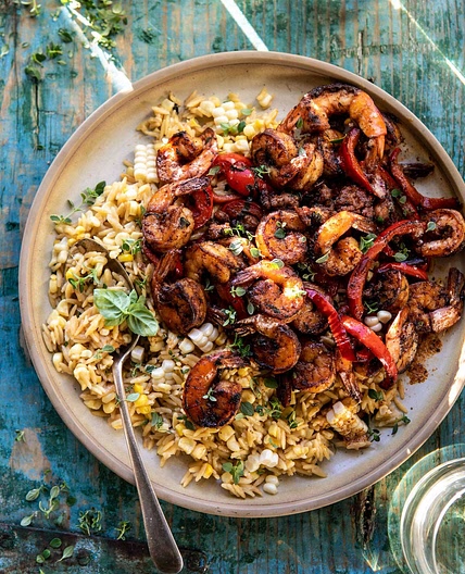 Cajun Pepper Shrimp with Creamed Corn Orzo