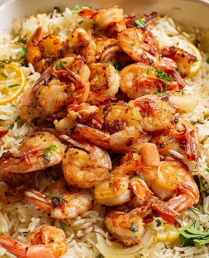 Baked Lemon Herb Rice with Garlic Butter Shrimp