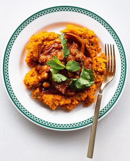 Oven Chili Chickpeas with Preserved Lemon Carrot Mash