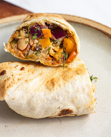 vegan mediterranean white bean quinoa burrito (air fryer)