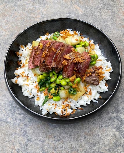Asian Steak with Edamame, Bok Choy and Rice