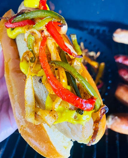 Traeger Brats Peppers and Onions