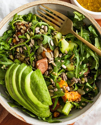 High Protein Vegan Arugula Salad with Honey Mustard Dressing