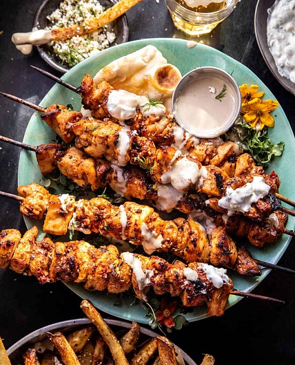 Greek Chicken Skewers with Feta Fries