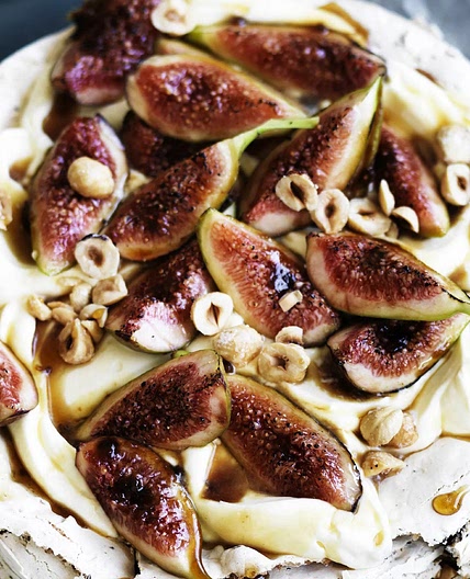 Hazelnut choc chip cake with Frangelico cream and figs
