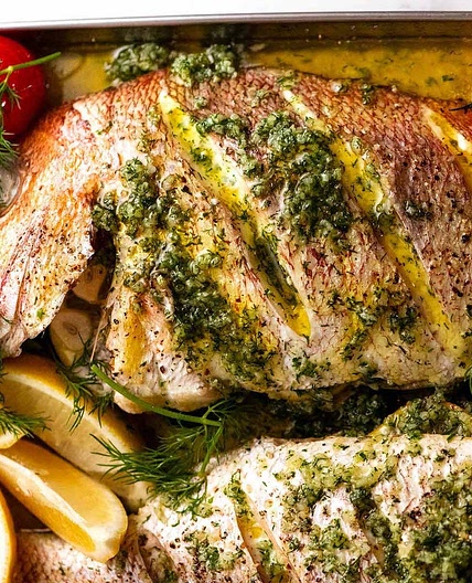 Whole Baked Fish – Herb-stuffed with Garlic & Dill Butter Sauce