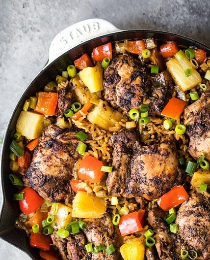 One Pan Caribbean Jerk Chicken with Pineapple-Coconut Rice