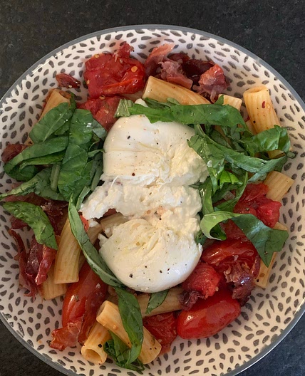 Crispy Prosciutto Tomato Burrata Pasta