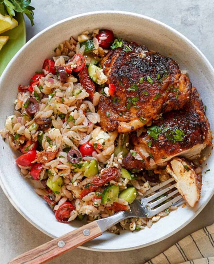 Mediterranean Orzo Salad with Pan-Roasted Chicken Thighs - Paleo, Gluten-Free