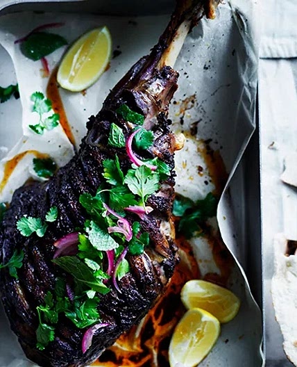 Shawarma-spiced roast lamb leg with beetroot sauce