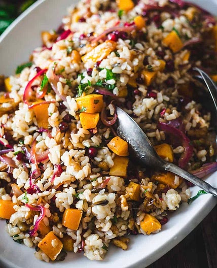 Butternut Squash Wild Rice Pilaf with Pomegranate Seeds and Walnuts