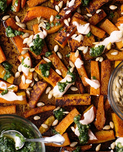 Butternut Squash with Cilantro Garlic Sauce and Sriracha Crema