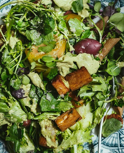 Vegan pasta salad with pan-fried tempeh