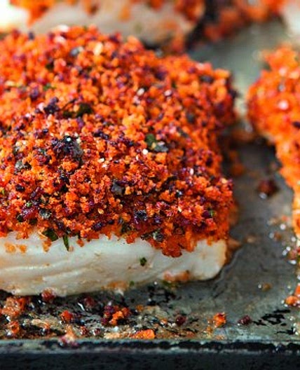 Baked fish with chorizo crust