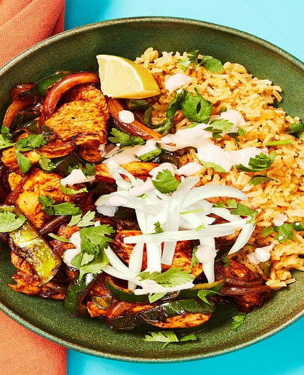 Yucatan Citrus Chicken Bowls with Poblano, Smoky Crema & Pickled Onion