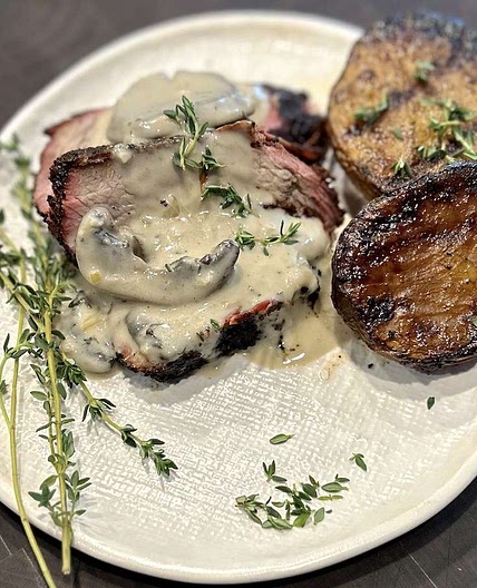 Coffee Rubbed Tri-Tip Steak with Bourbon Mushroom Cream Sauce