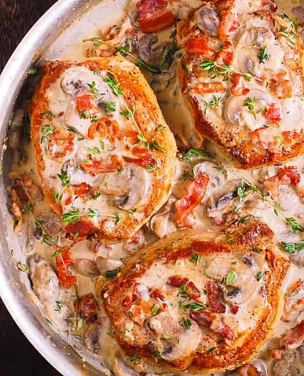 Bacon and Mushroom Smothered Pork Chops