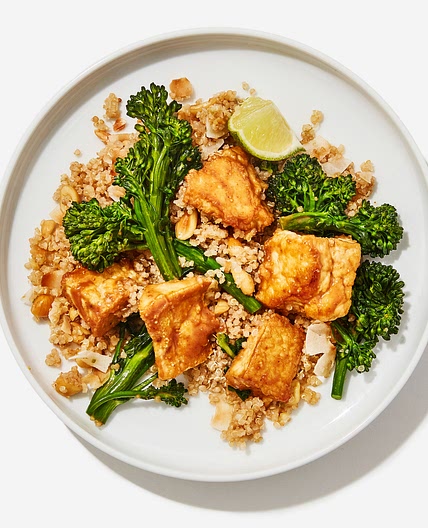 Crispy Tofu with Coconut Quinoa and Broccolini