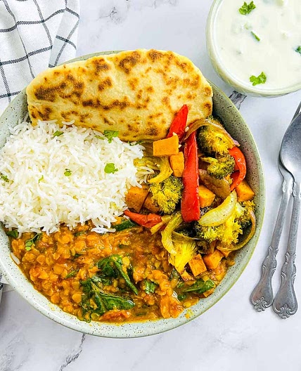 Red Lentil Dal Buddha Bowl with 2-Ingredient Naan