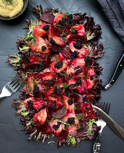 Beetroot Cured Salmon Salad with Black Fish Roe