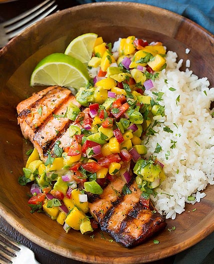 Grilled Salmon with Mango Salsa and Coconut Rice