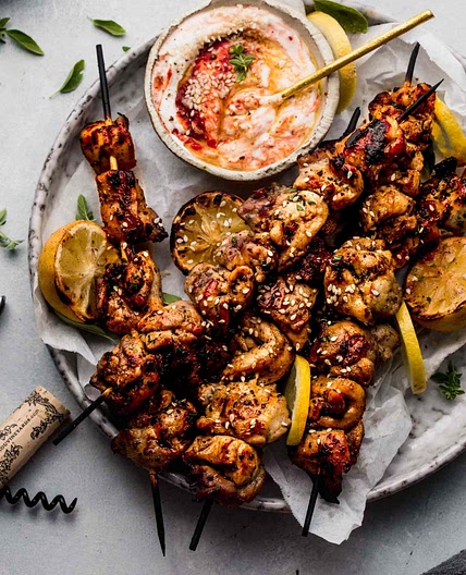 Lemon Chicken Skewers with Harissa Yogurt Sauce