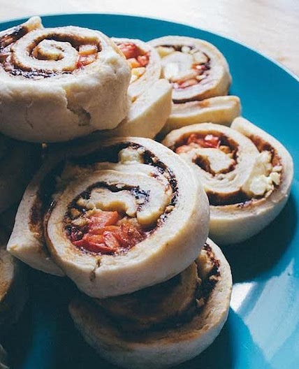 Vegemite, tomato and feta scrolls