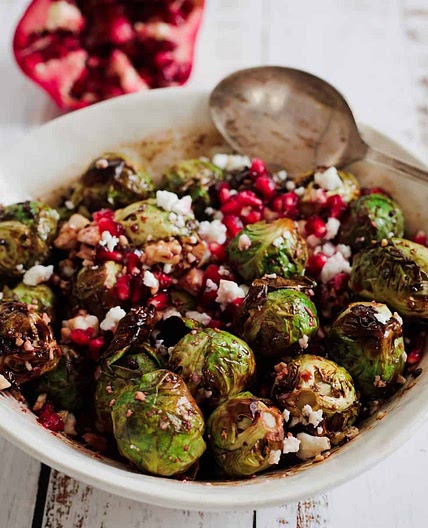 Crispy Air Fryer Brussels Sprouts Recipe with Feta, Pomegranate and Balsamic Vinegar
