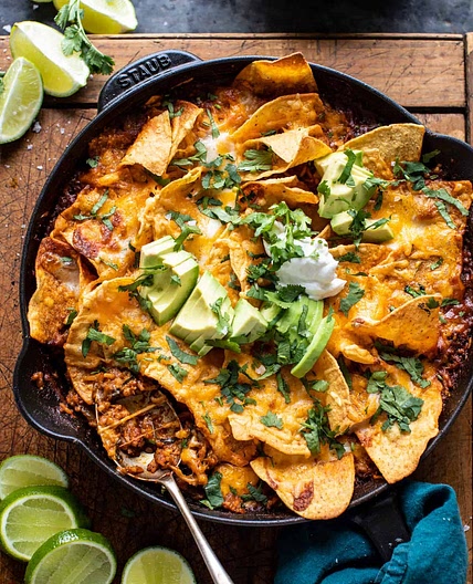 One Skillet Saucy Chicken Tortilla Enchilada Rice Bake