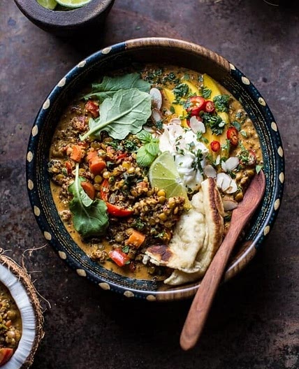 Simple Coconut Quinoa and Lentil Curry with Lime Mango