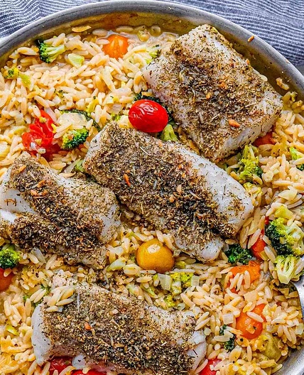 One Pot Herb Crusted Cod & Broccoli Parmesan Orzo