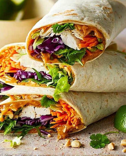 Satay chicken salad wraps