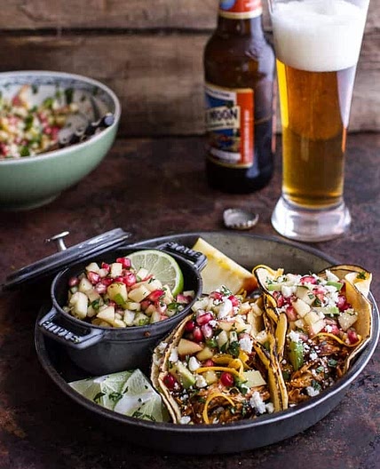 Spicy Cider Beer Braised Chicken Enchilada Tacos w/Sweet Chili Apple-Pomegranate Salsa