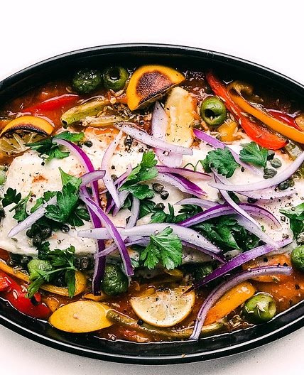 Roasted Halibut with Tomatoes, Peppers, and Olives